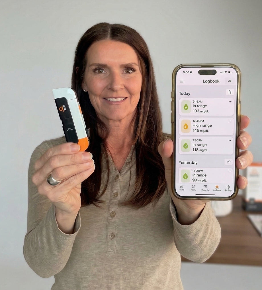 An employee checking her health data on her phone during a break at work