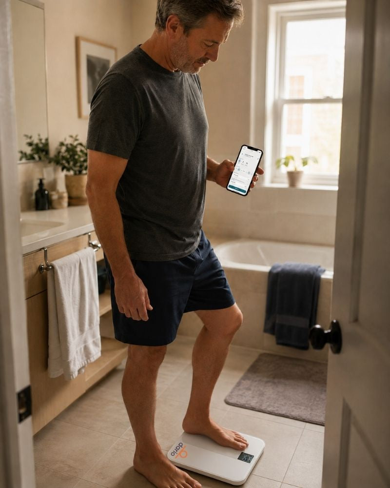 An employee stepping onto a connected scale at home, weight trend on his phone