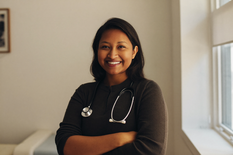 A smiling physician in a bright clinic room