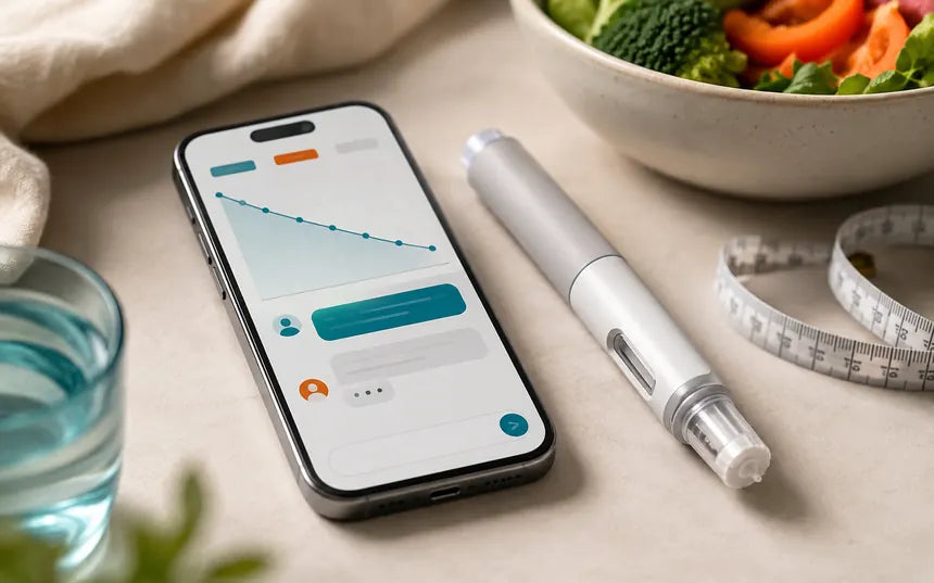 A GLP-1 injection pen beside a phone showing a downward weight trend and a coach conversation